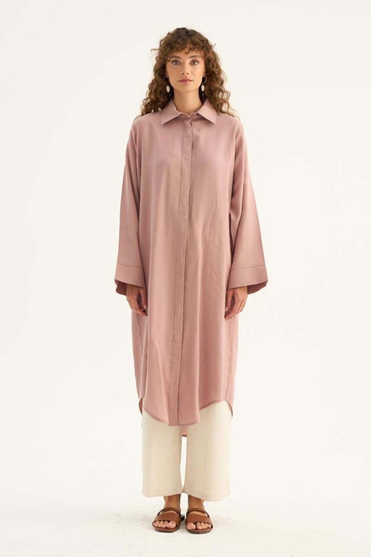 ALYOSHA FASHION Eteği Kavisli Tunik Pudra