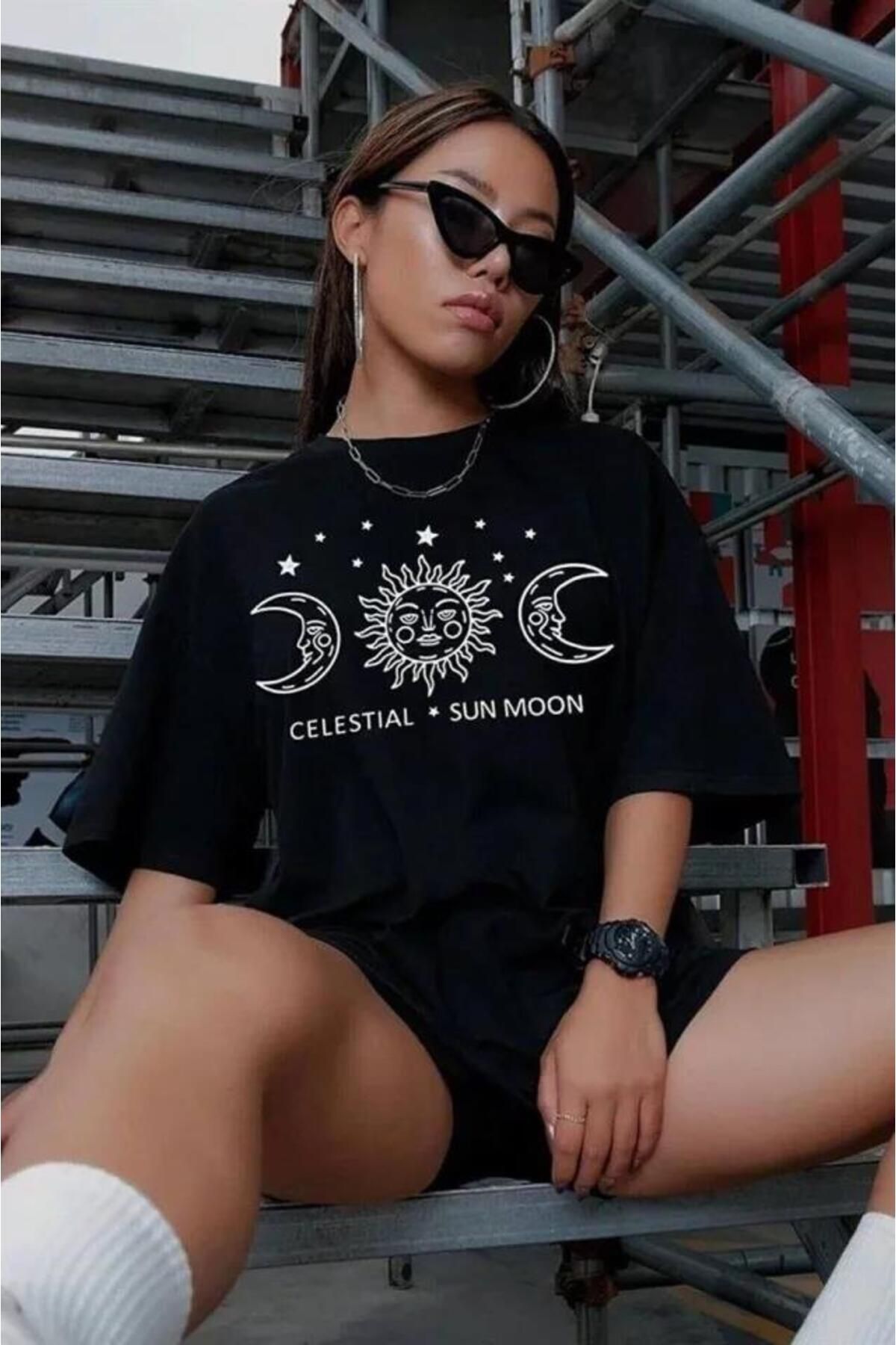 modamtn Unisex Baskılı Oversize T-Shirt - Siyah