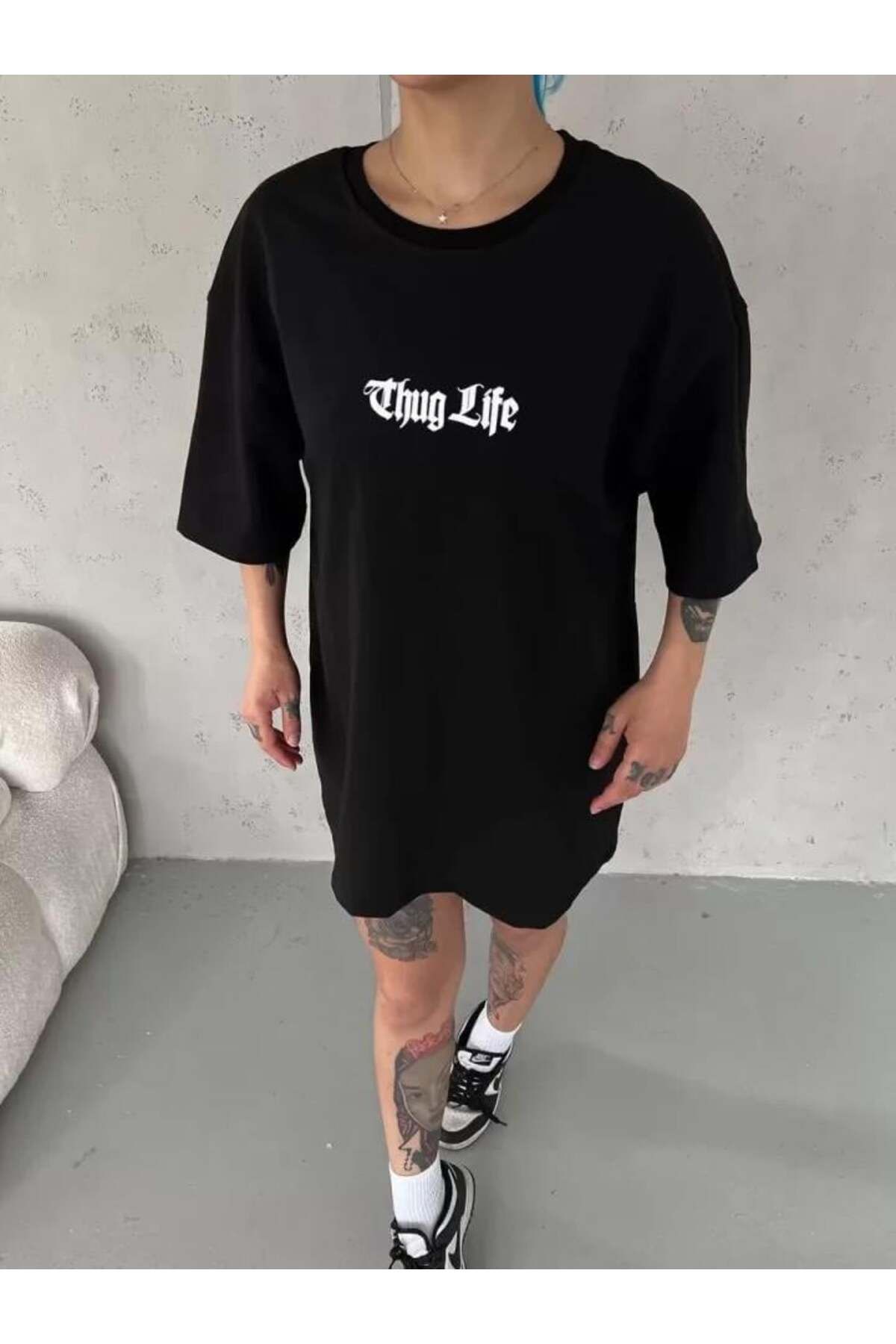 modamtn Unisex Bisiklet Yaka Baskılı Oversize T-Shirt - Siyah