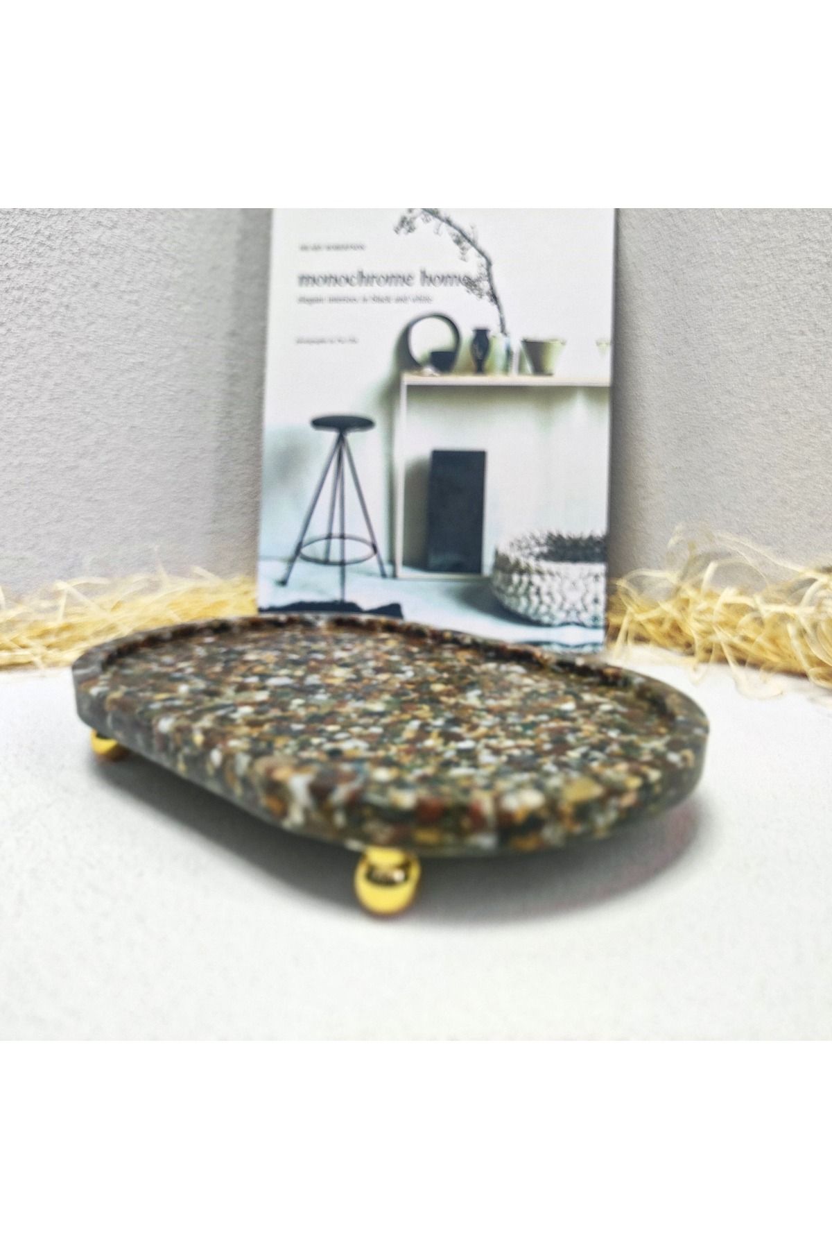decors by stone since 2020 Doğal Çakıl Taş Epoksi Sunum Tepsisi, Gold Top Ayaklı, Çok Amaçlı Organizer, Düzenleyici