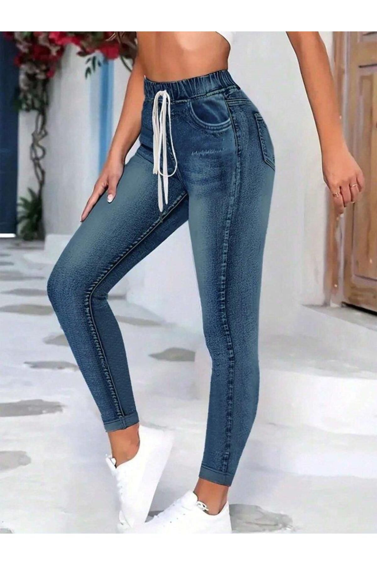 modamtn Kadın Belden Bağlamalı Cepli Yüksek Bel Kot Pantolon