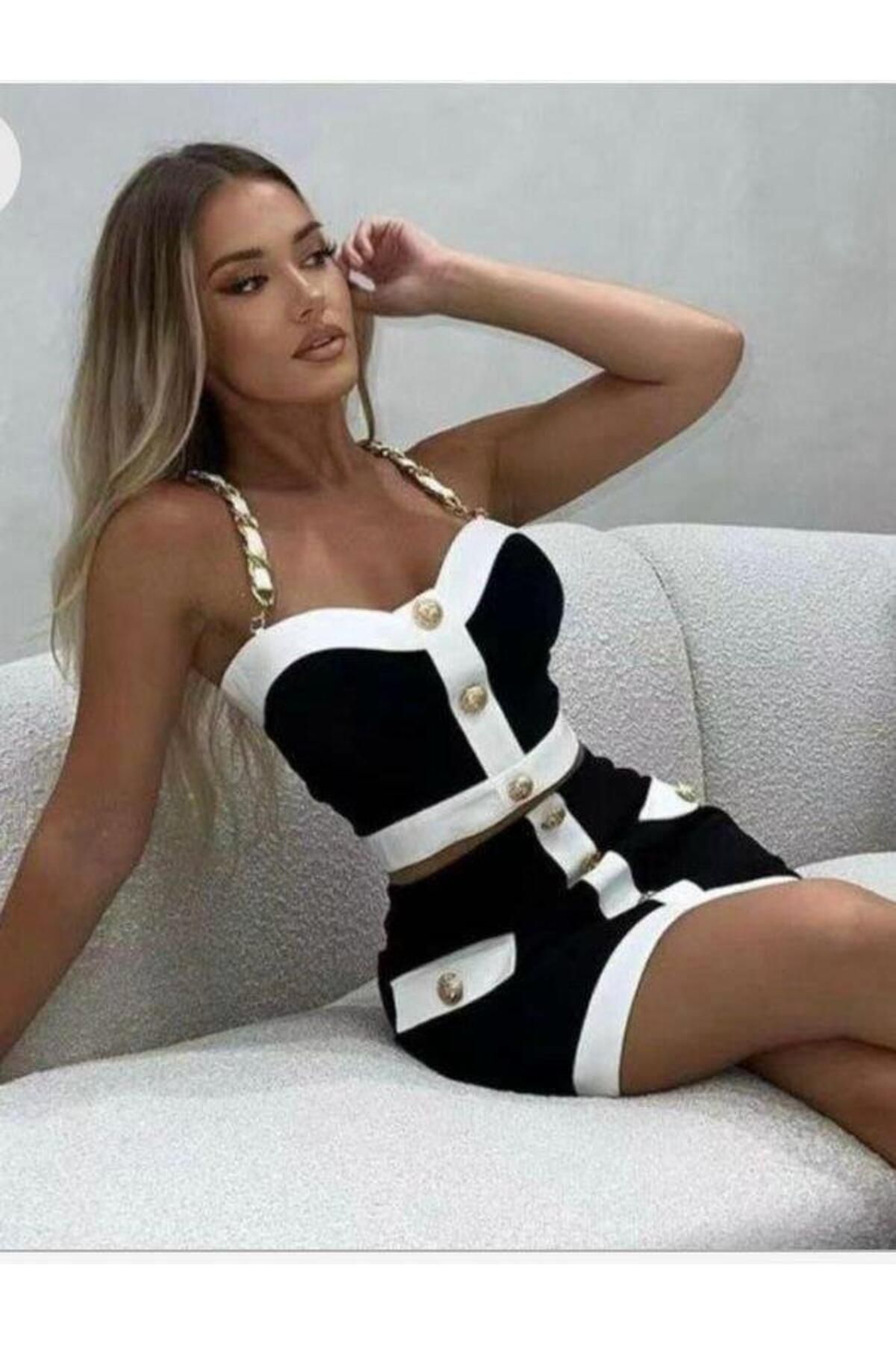 modamtn Kadın Dalgıç Kumaş Düğme Ve Zincir Detaylı Ikili Takım