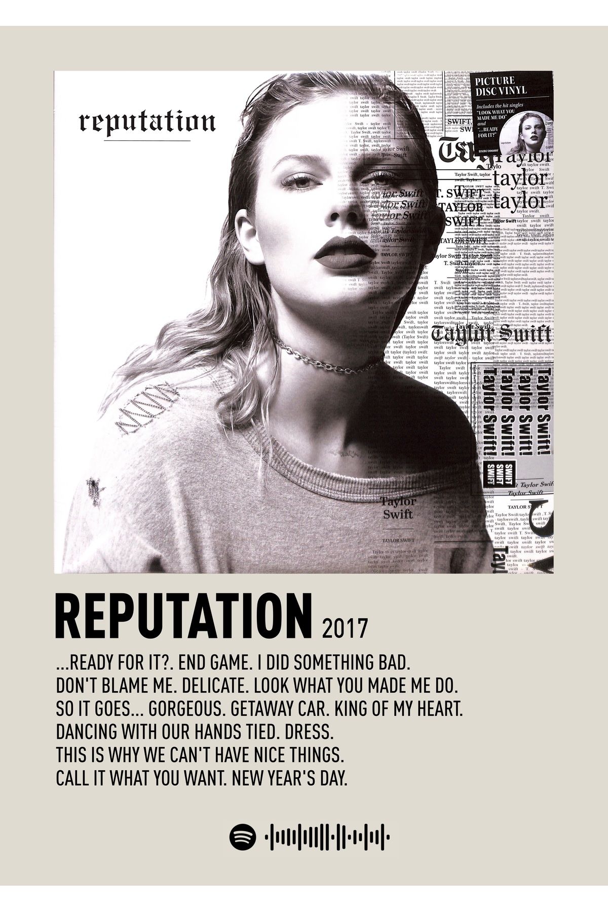 512 STORE Taylor Swift Albüm Tablo Çerçevesiz Poster Spotify Temalı