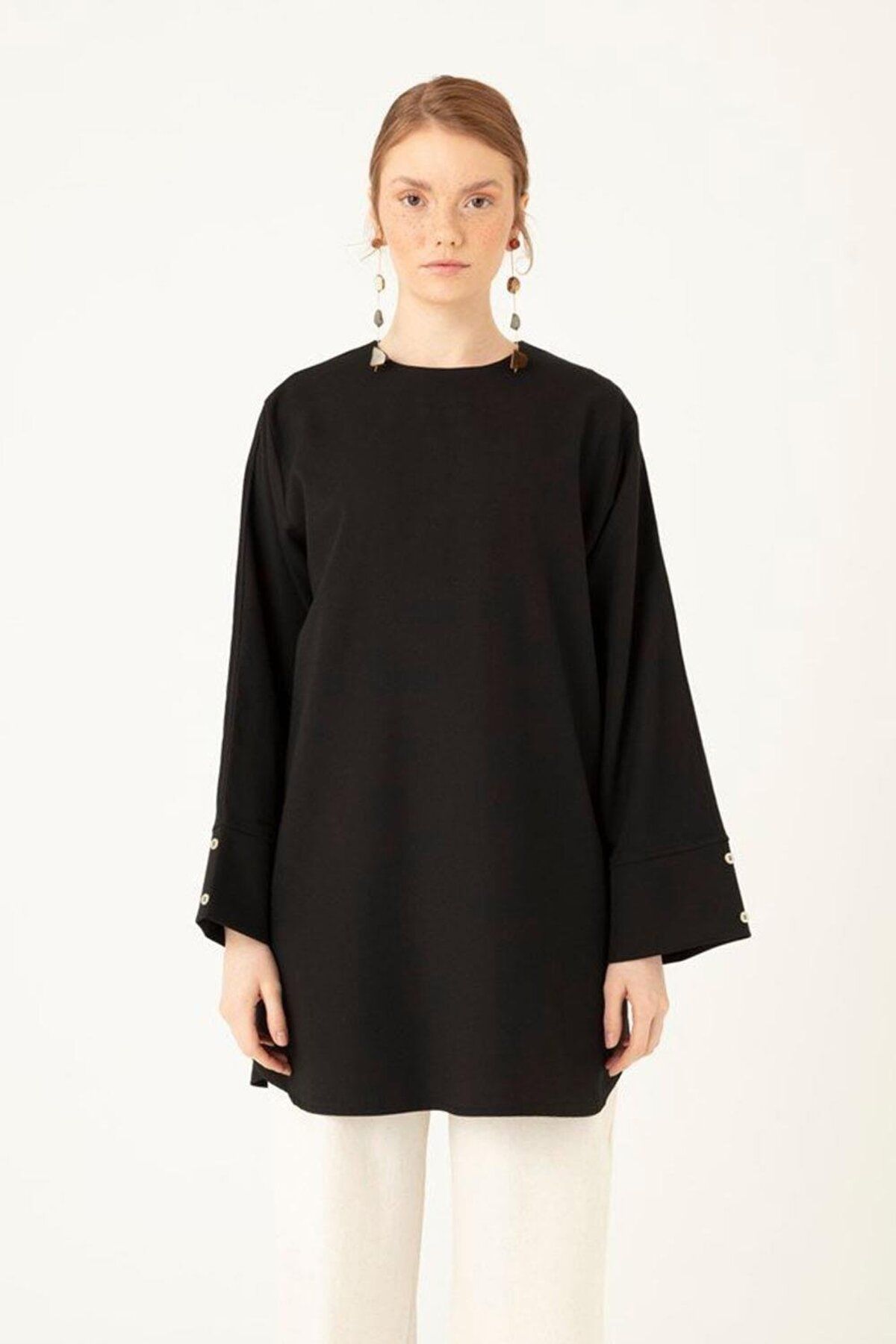 ALYOSHA FASHION Oval Kesim Keten Bluz Siyah