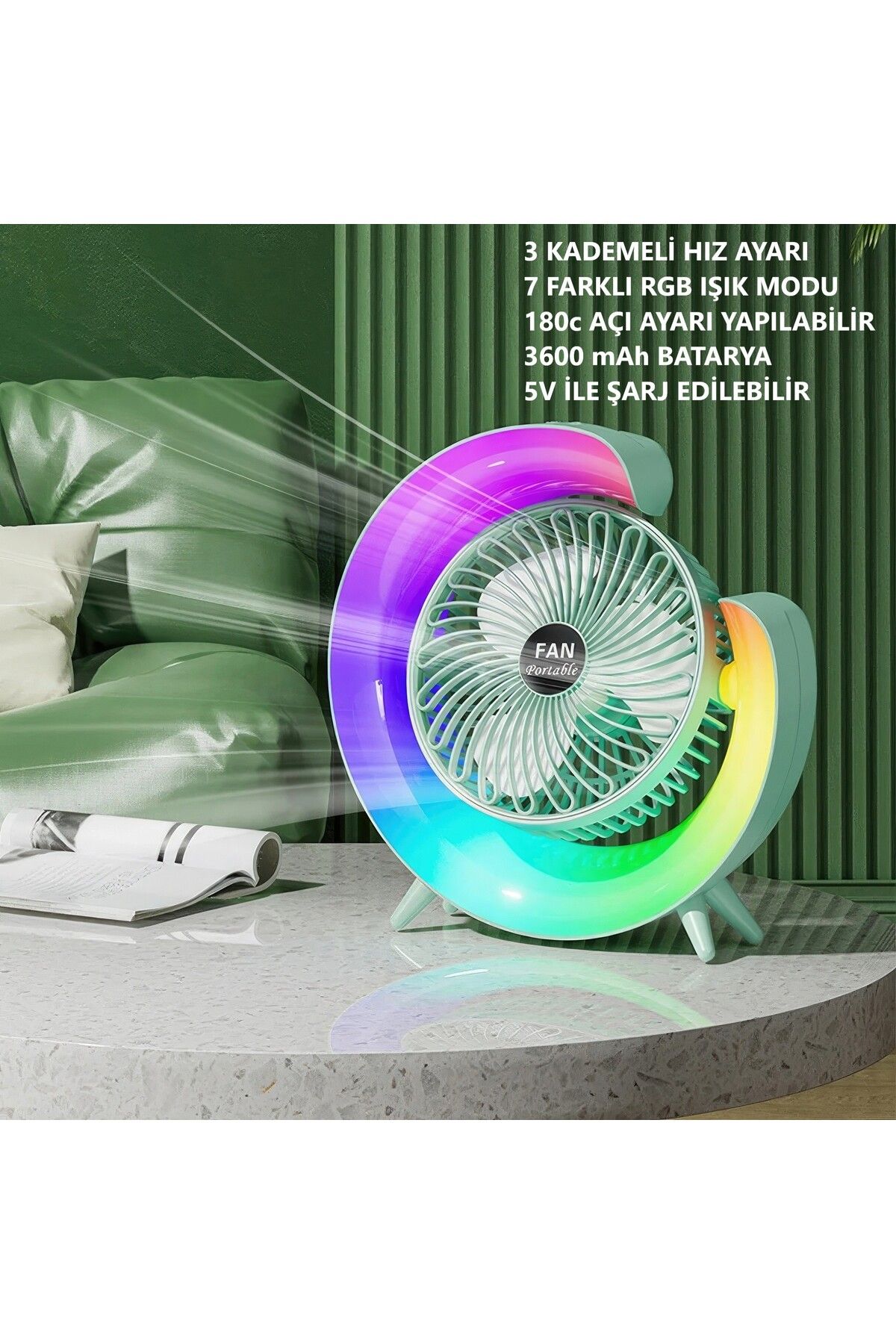 ROXİVA Şarjlı Bataryalı Vantilatör-Masaüstü Fan-3 Kademe ayarı-7 Farklı Rgb Işık modu-180c Ayarlanbilir