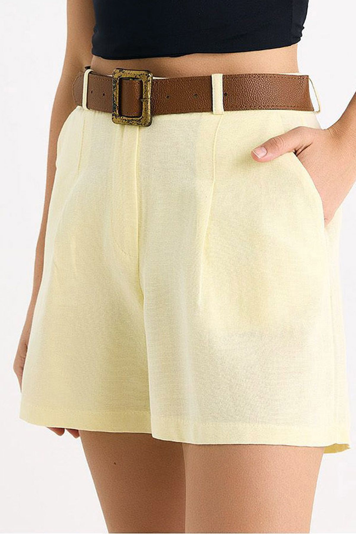 Ottawe Regular Fit Rahat Kesim Kemerli Yüksek Belli Çift Cepli Straigth Boru Paça casual Günlük Keten Şort