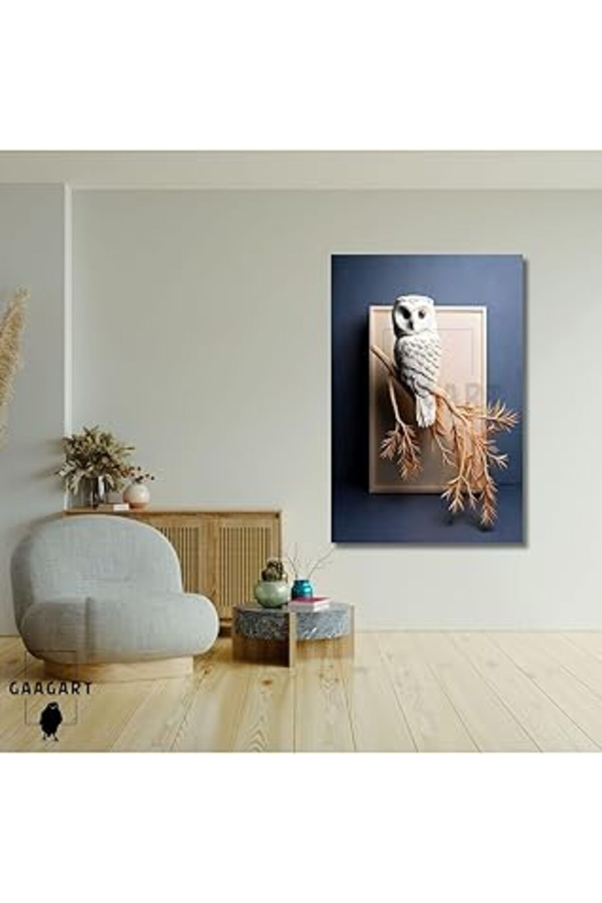 Pazarcan Gaagart Tekli Dikey Kanvas Duvar Tablosu Dal Ve Baykuş Tablosu, 60 X 90