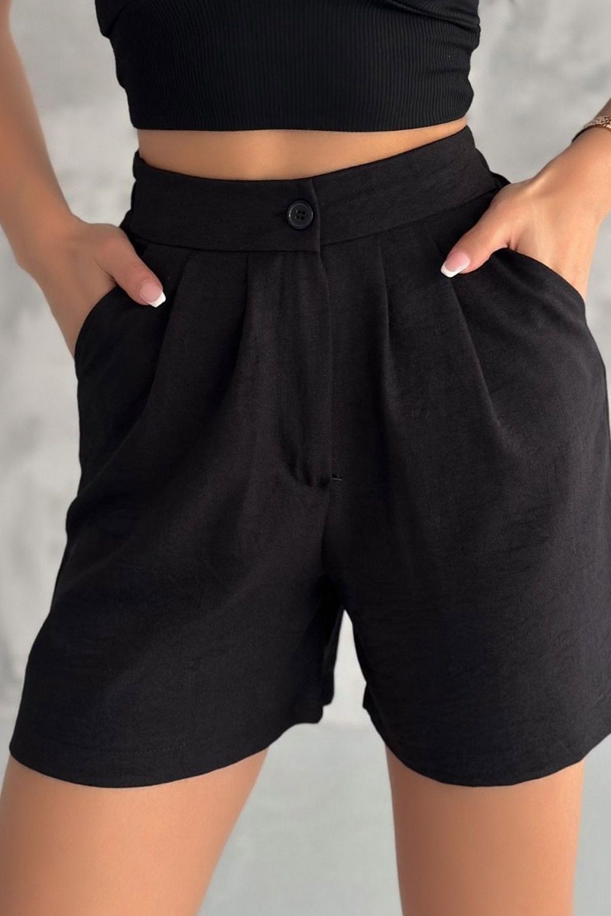 Ottawe Ragular Fit Lastikli Yüksek Belli Çift Cepli Düğmeli Günlük Casual Keten Şort