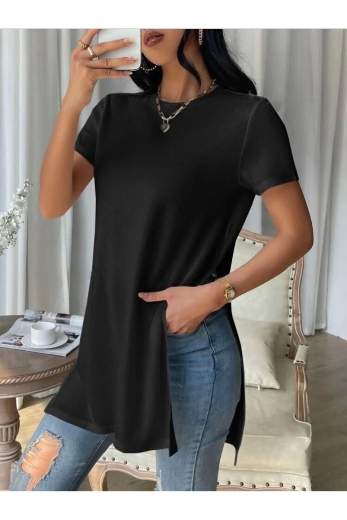 Butik Kadın Yandan Yırtmaçlı Sandy Kumaş Bluz