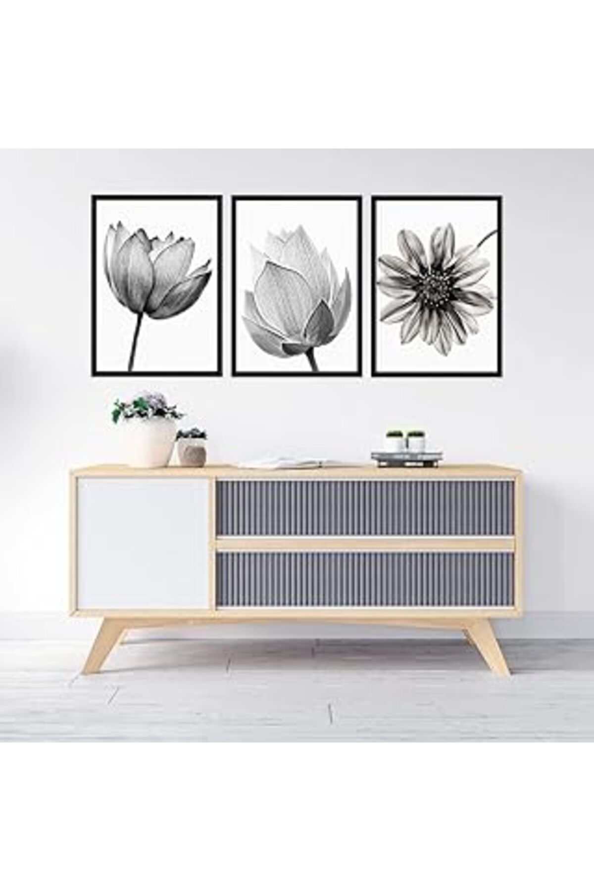 Pazarcan Tabloshop Floral Siyah Beyaz Çerçeveli Set 35 X 45Cm (3 Adet)