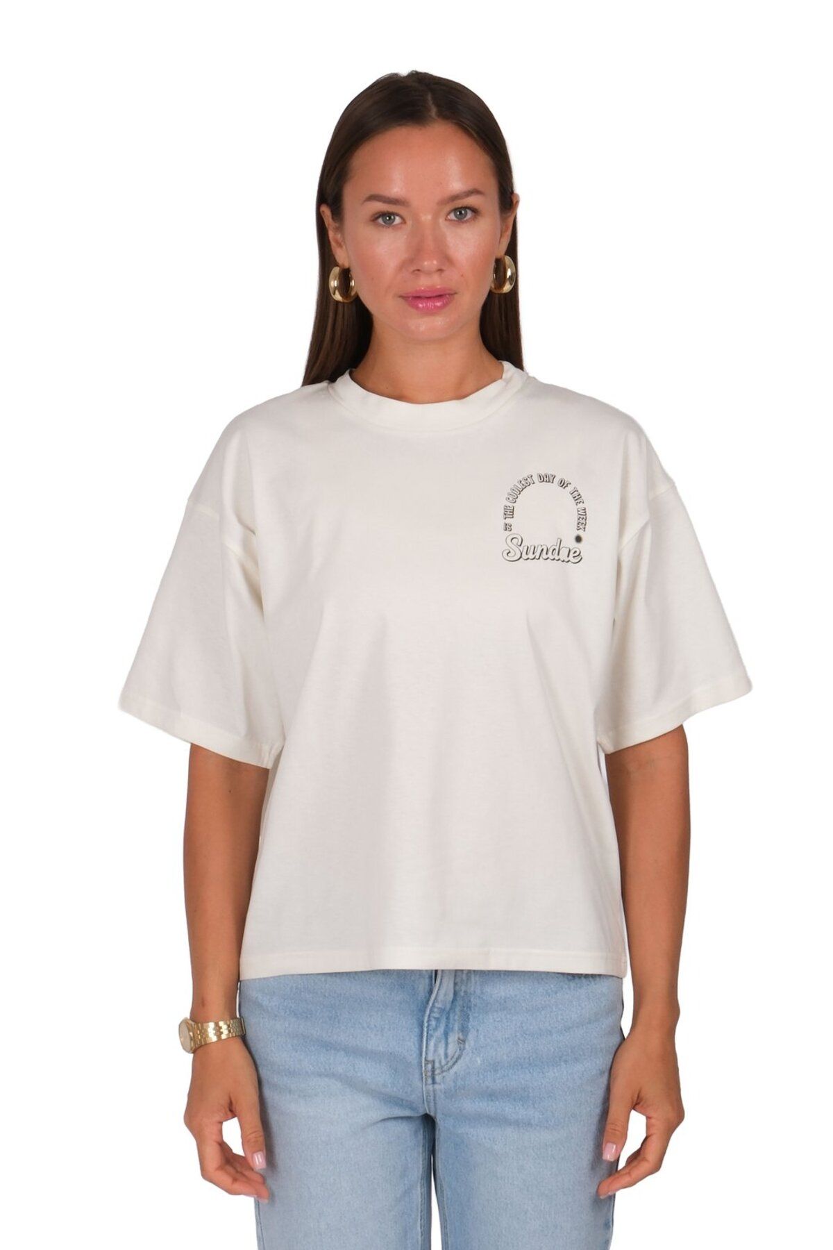Coredra Sundea Boxed Fit Kadın T-Shirt Ekru C590