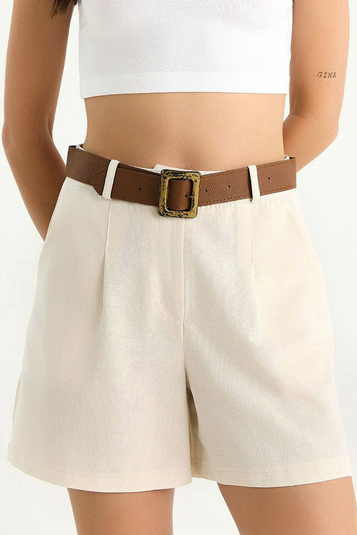 Ottawe Regular Fit Rahat Kesim Kemerli Yüksek Belli Çift Cepli Straigth Boru Paça casual Günlük Keten Şort