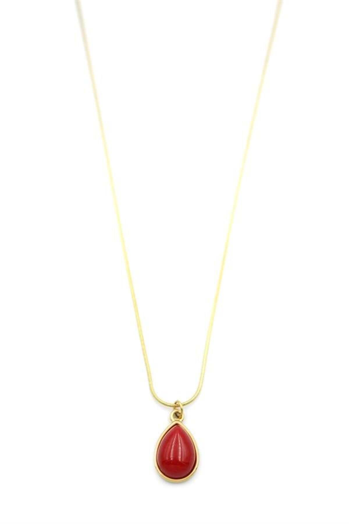 Pink Stil Damla Taşlı Kolye - Kırmızı