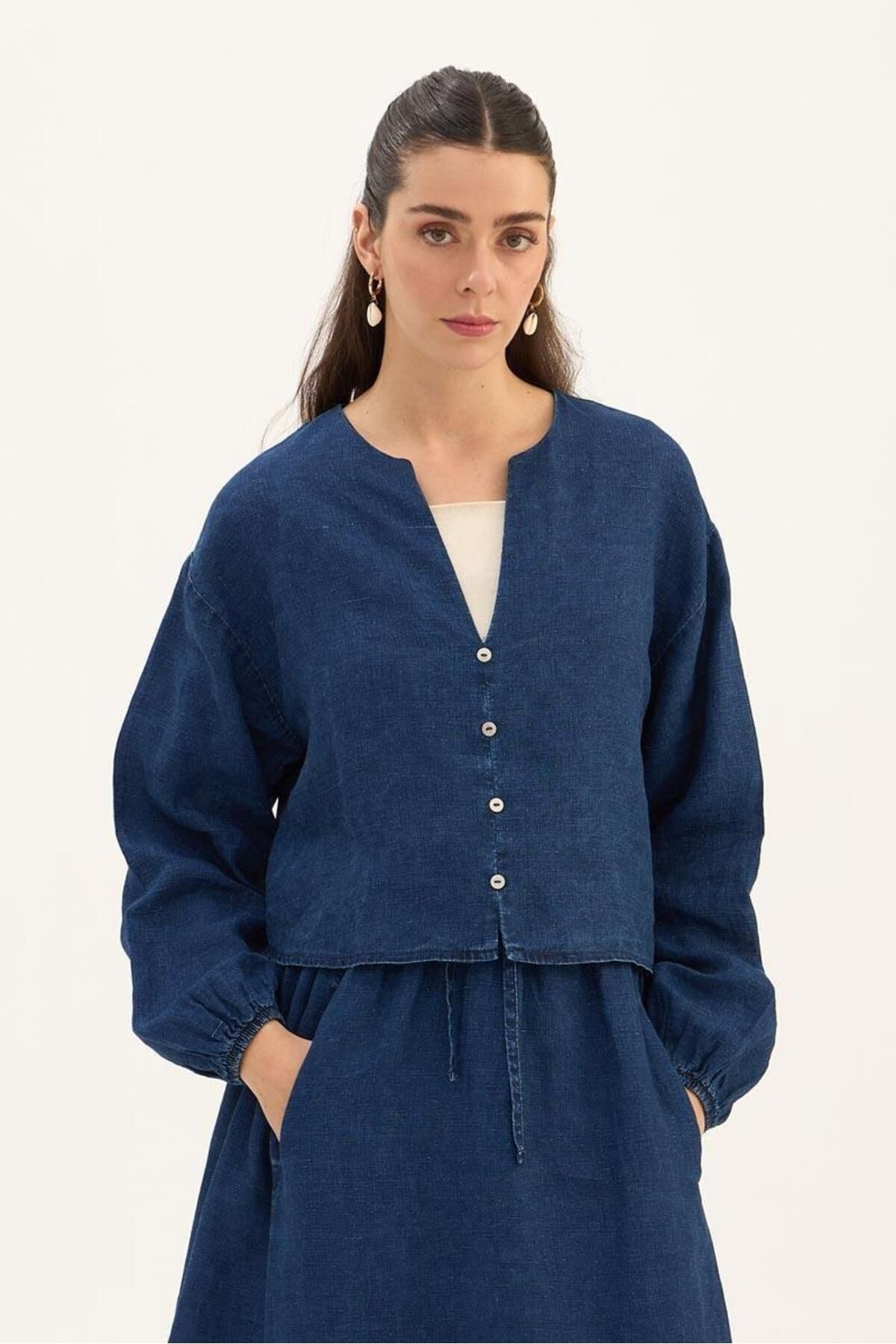 ALYOSHA FASHION %100 Keten Denim Kısa Bluz Lacivert
