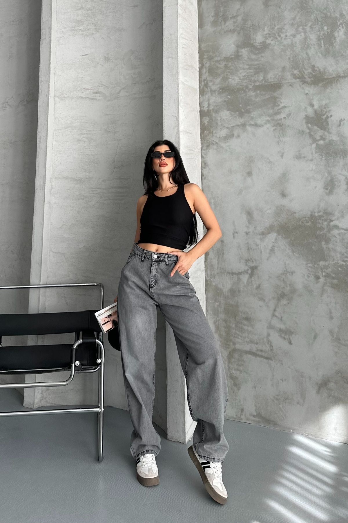 DESTEMODA Kadın Baggy Yan Cep Ve Arka Cebi Dikış Detaylı Regular Baggy Gri 4008