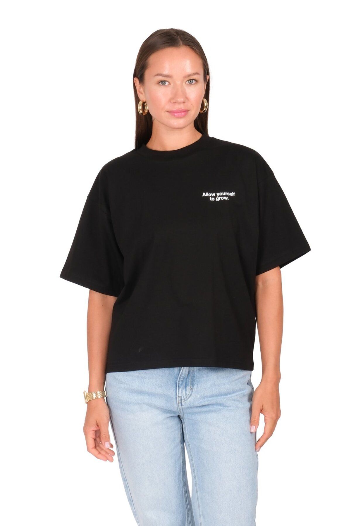 Coredra Allow Yourself Boxed Fit Kadın T-Shirt Siyah C590