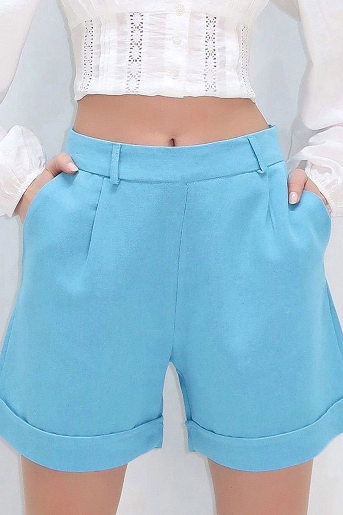 Ottawe Regular Fit Rahat Kalıp Paçası Duble Yüksek Belli Çift Cepli Casual Günlük Keten Şort