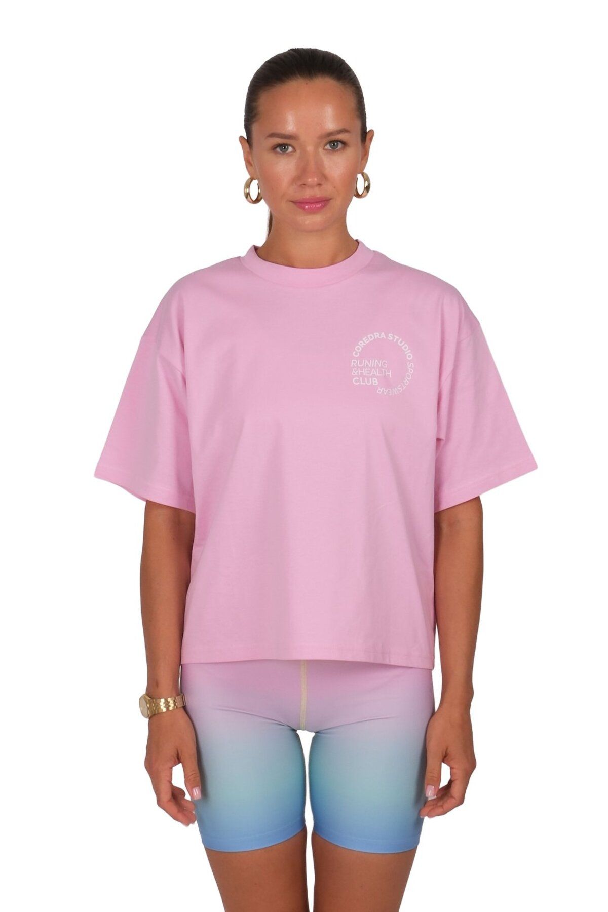 Coredra Runing And Health Club Boxed Fit Kadın T-Shirt Pembe C590