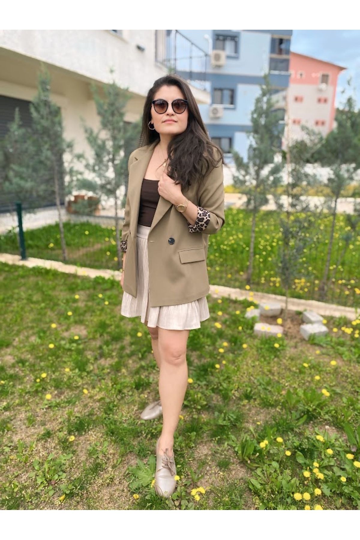PERİNN BUTİK Haki Rengi İçi Leopar Desenli Blazer Ceket