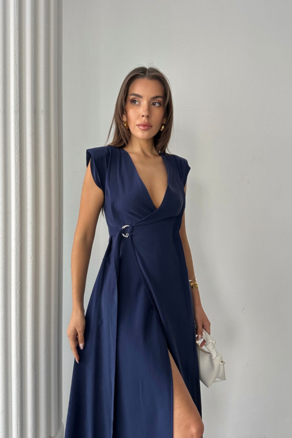 velmorafashion KRUVAZE VATKALI KOLSUZ ELBİSE MODAL KUMAŞ - Lacivert