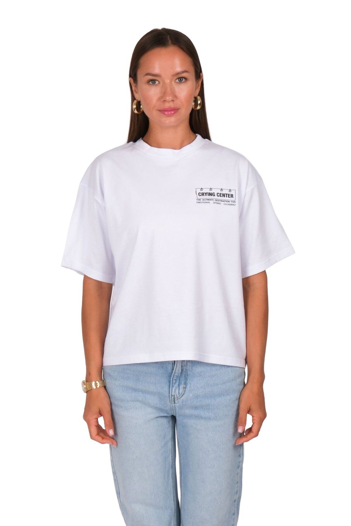 Coredra Crying Center Boxed Fit Kadın T-Shirt Beyaz C590