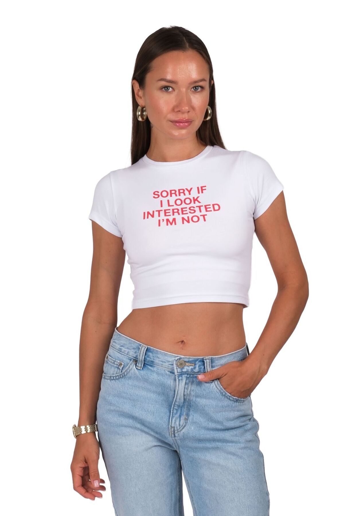 Coredra Sorry Baby Tee Kadın - Beyaz C523