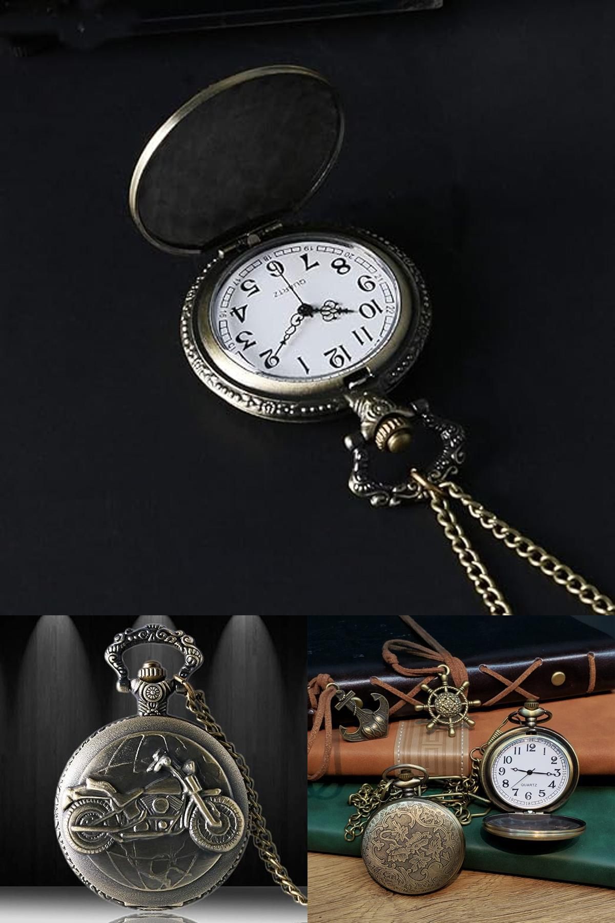 Midday 🕑 Erkeklere Özel Vintage Zincirli Motosiklet Temalı Quartz Köstekli Cep Saati – Şık Nostaljik Retro