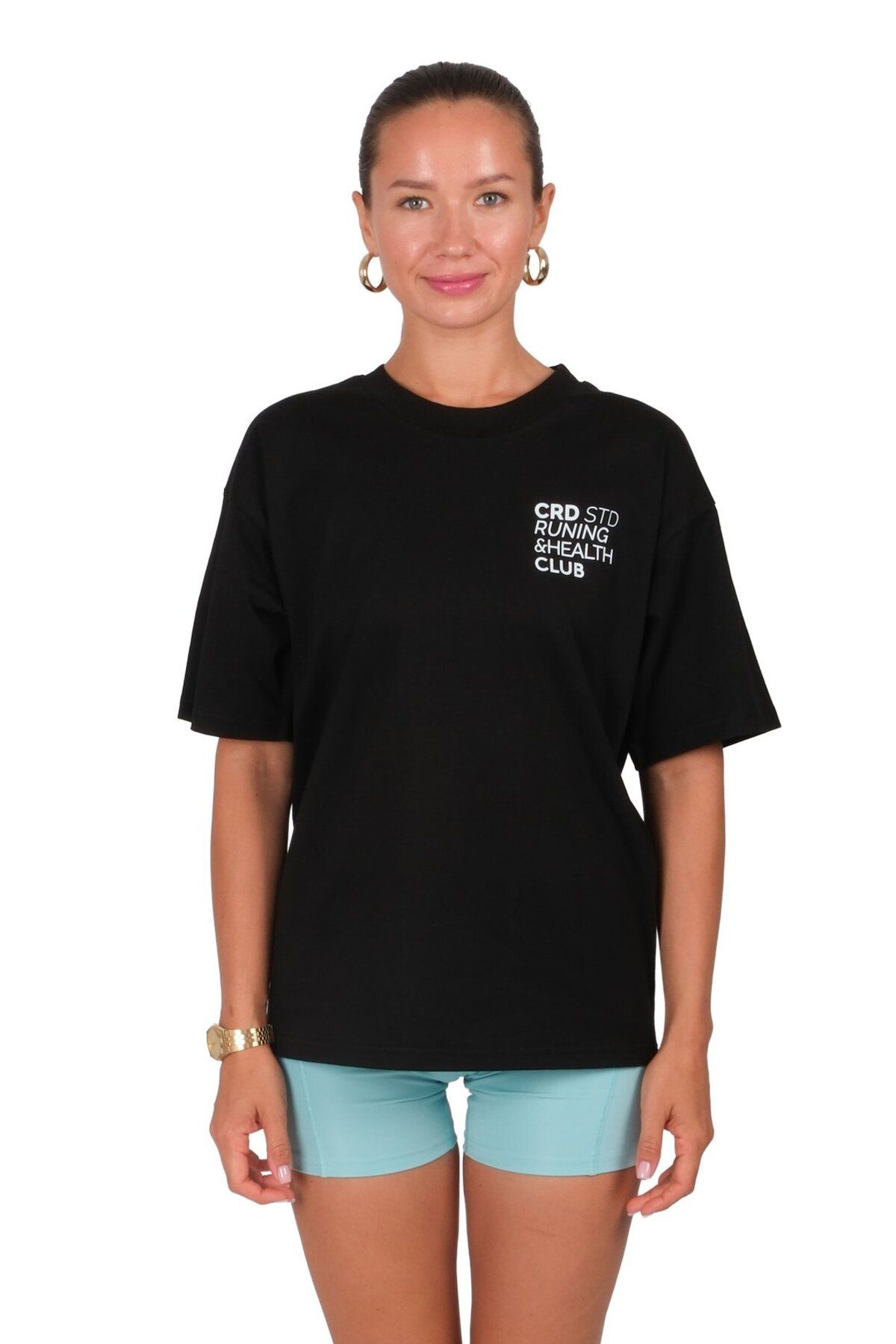 Coredra Runing Club Oversize Fit T-Shirt Kadın - Siyah C101