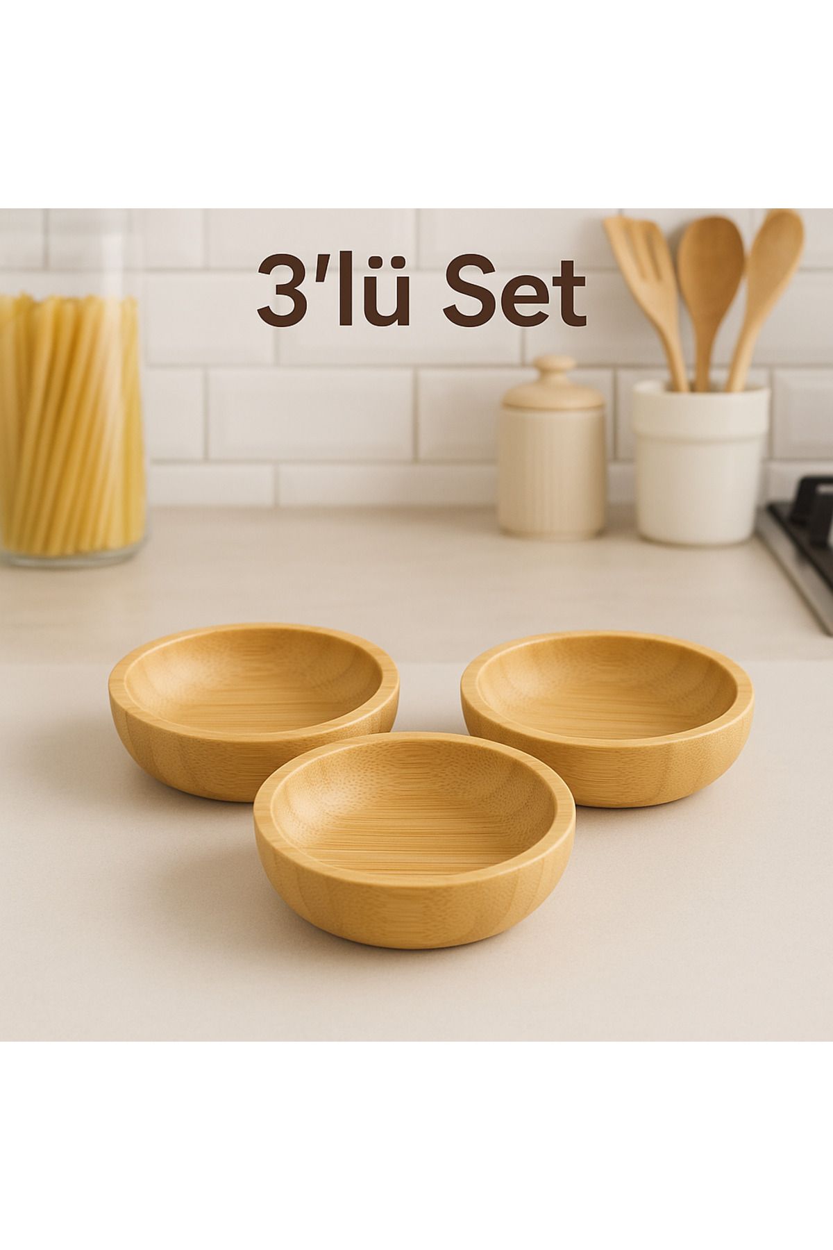 BLUE SİDE Pinterest Stil Mutfak Kasesi 3 Lü Set Bambu Çerezlik Bambu Kase