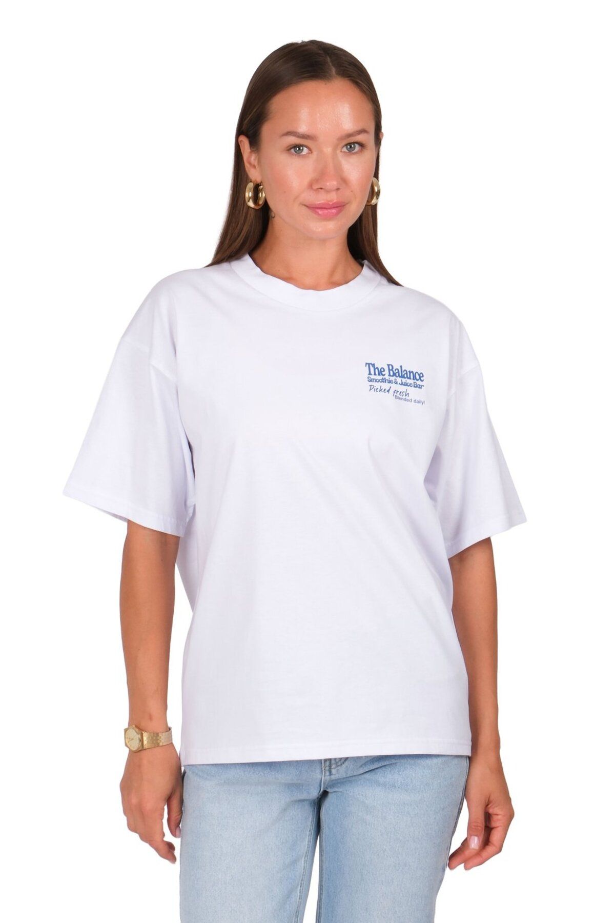 Coredra The Balance Oversize Fit T-Shirt Kadın - Beyaz C101