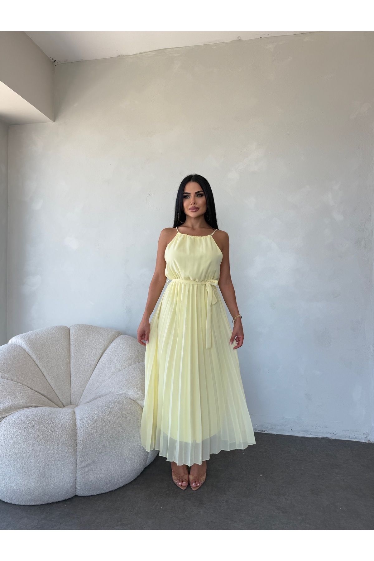 kamacibutik AYARLANA BİLİR ASKILI PİLİSELİ ŞİFON ELBİSE