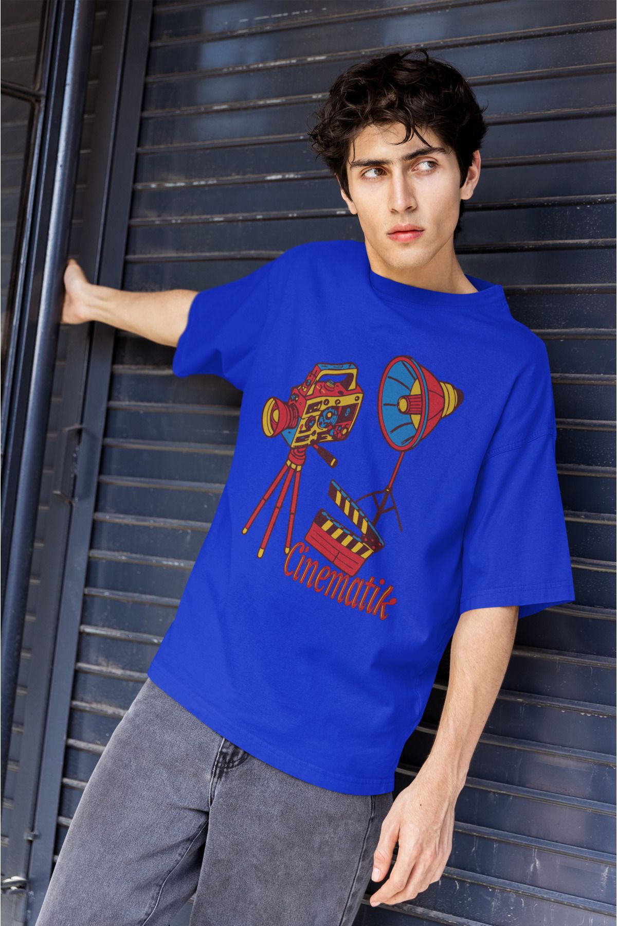 Uniquetex NUBEN / SİNFE-09 - Oversize Unisex Sinematik Baskılı SaX Mavi Bisiklet Yaka T-shirt (Tasarım Tişört)