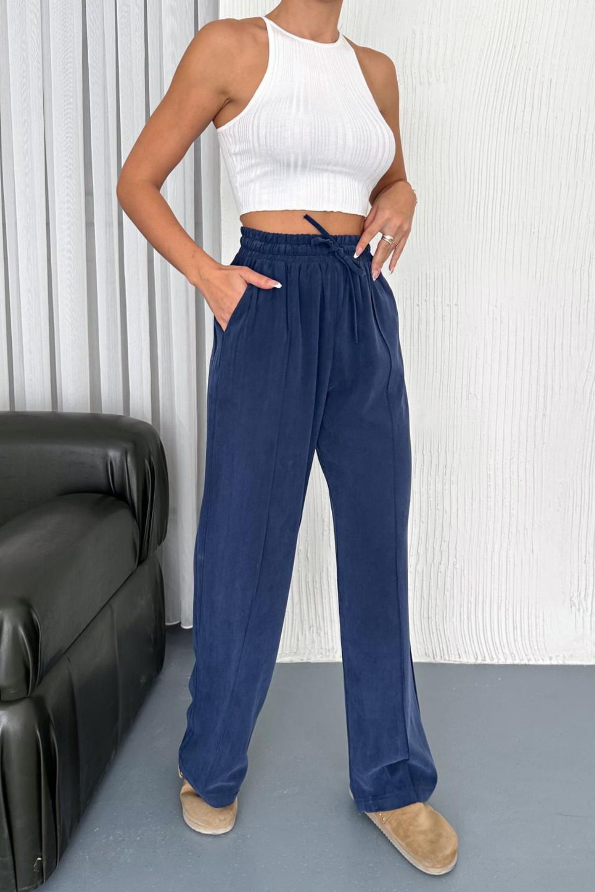 adba style Bağcıklı Beli Lastikli Modal Palazzo Kadın Pantolon 4007