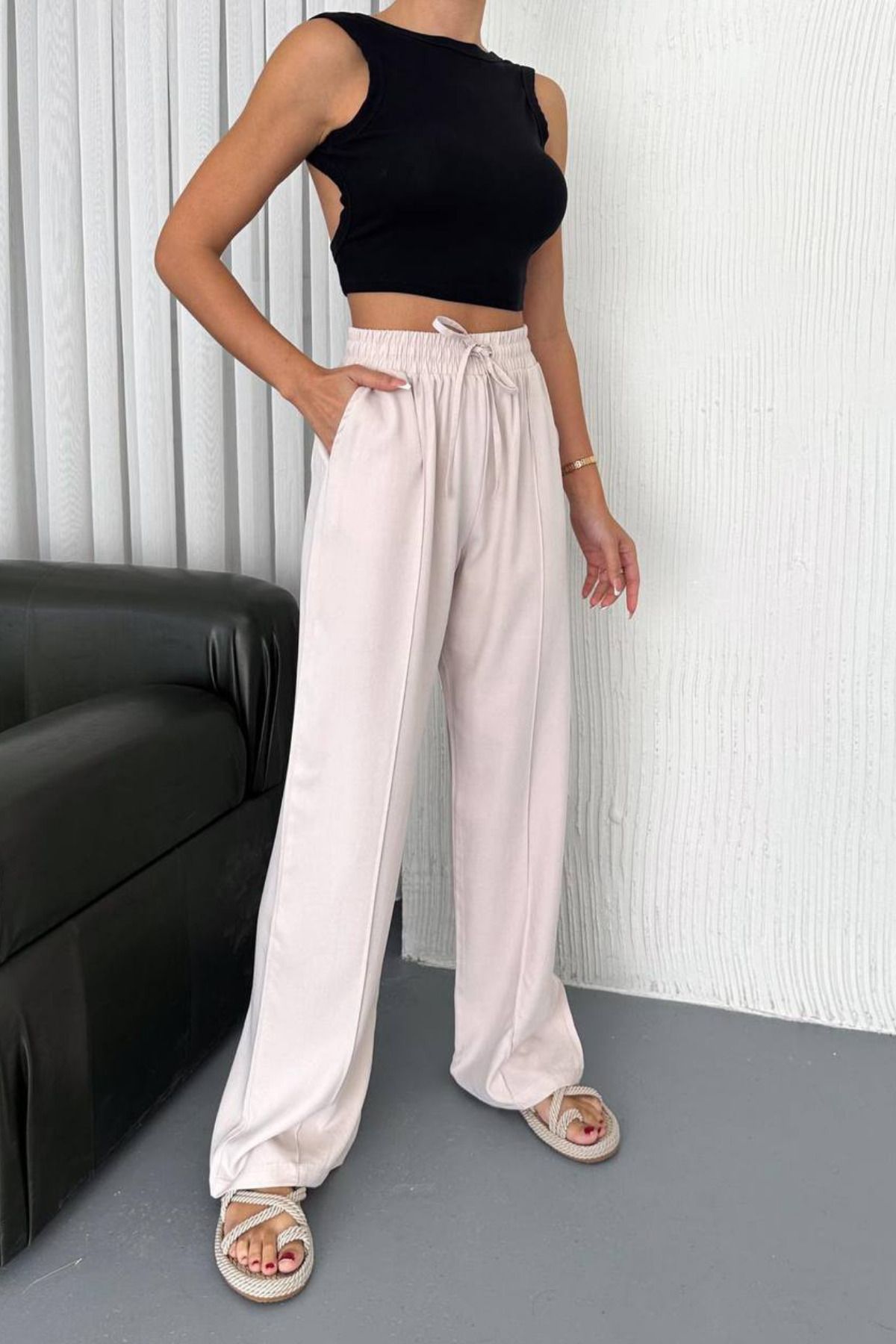 adba style Bağcıklı Beli Lastikli Modal Palazzo Kadın Pantolon 4007