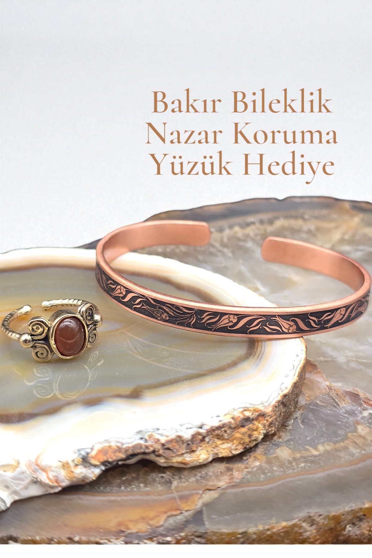 NBS Beautiful Naturel Stones Bakır Bileklik Saf ( Akik Yüzük Hediye) Özel Desenli Ayarlanabilir Çok Kaliteli