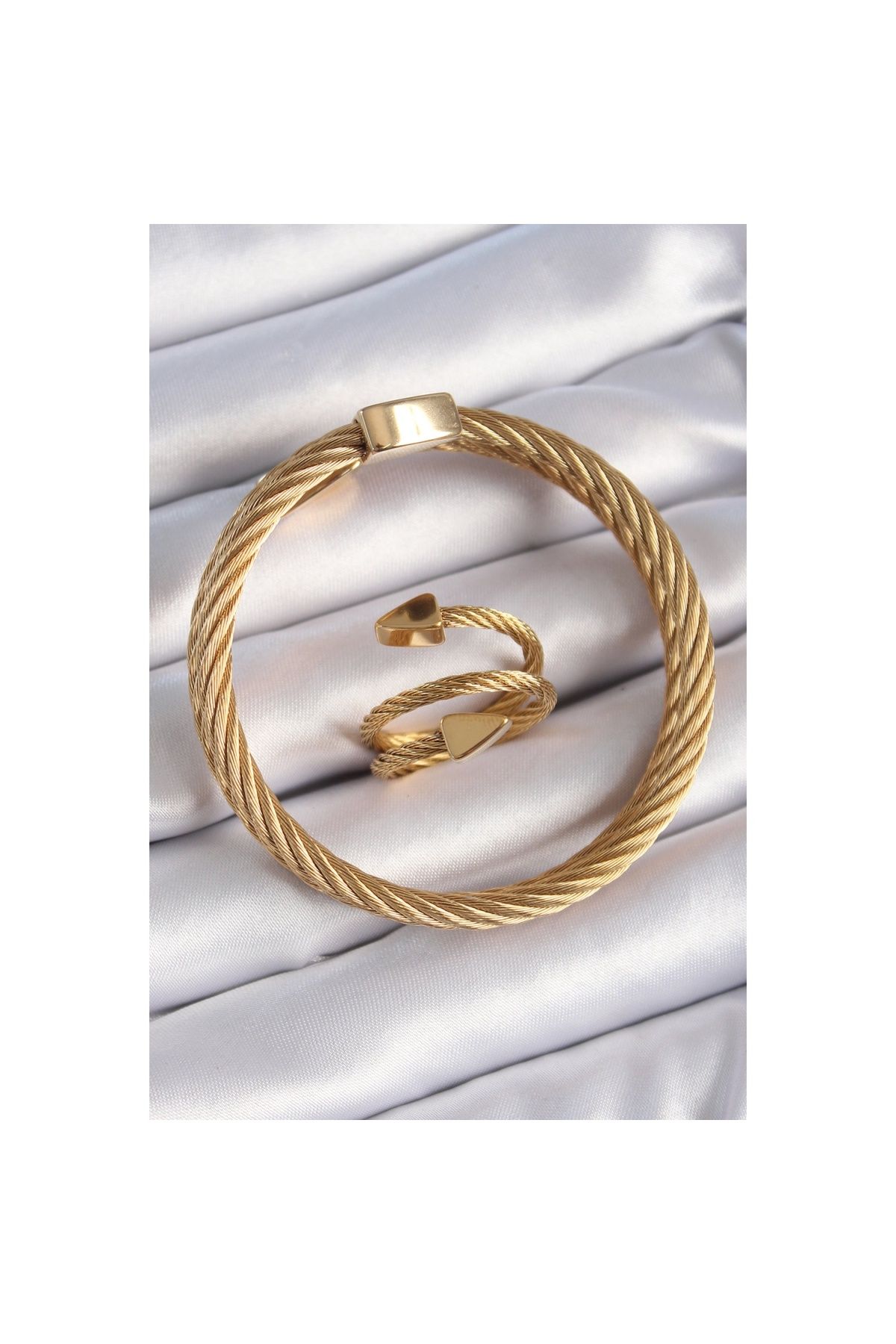 maarketim 316L Çelik Gold Renk Sarmal Model Erkek Bileklik Yüzük Kombini