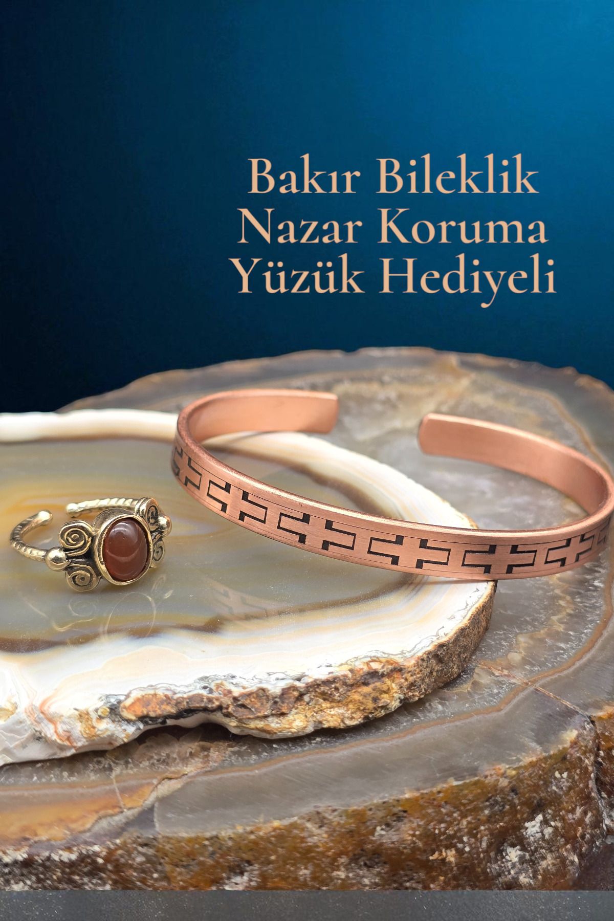 NBS Beautiful Naturel Stones Bakır Bileklik Saf ( Akik Yüzük Hediye) Özel Desenli Ayarlanabilir Çok Kaliteli