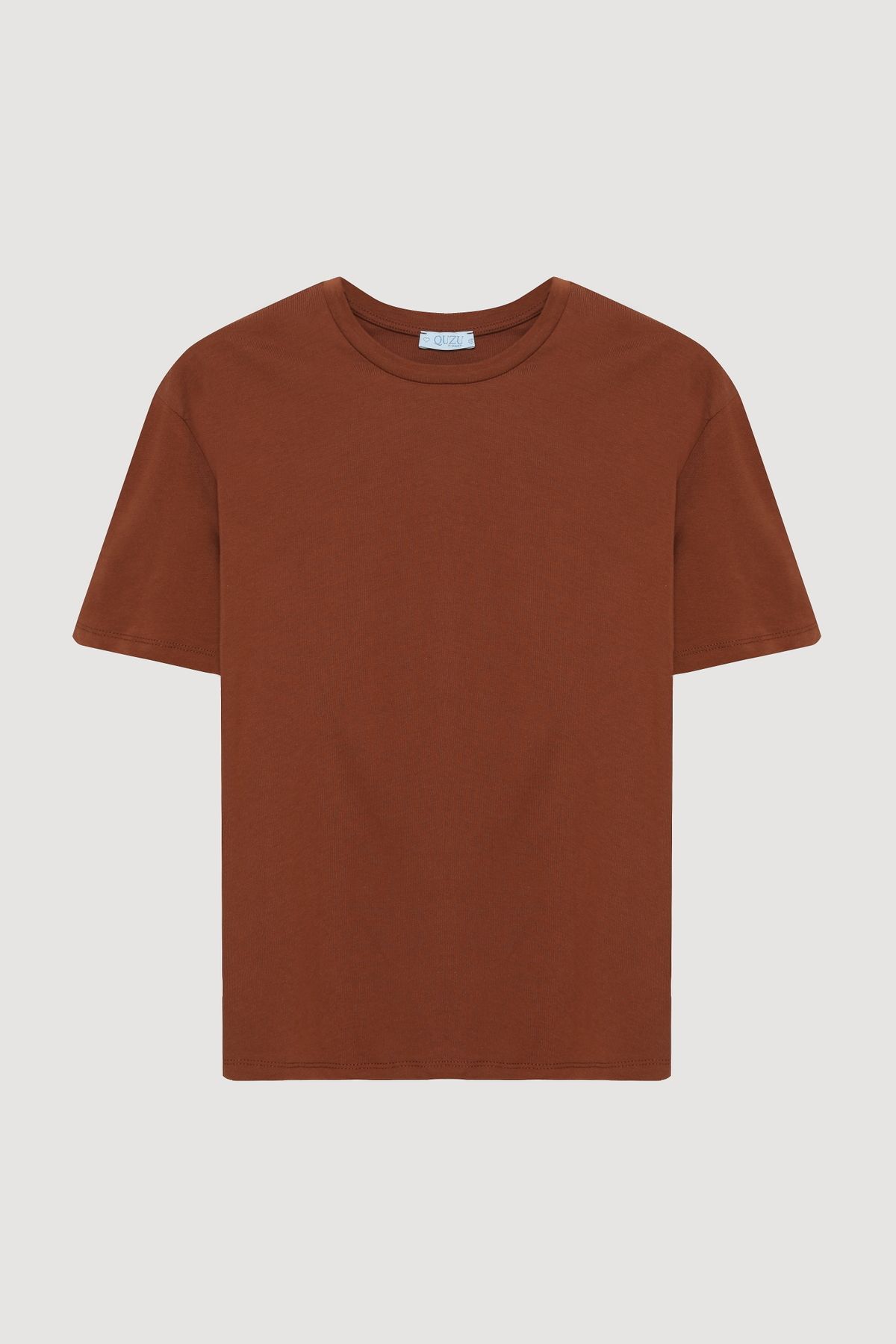 Quzu Bisiklet Yaka Oversize Basic Tişört Kahverengi