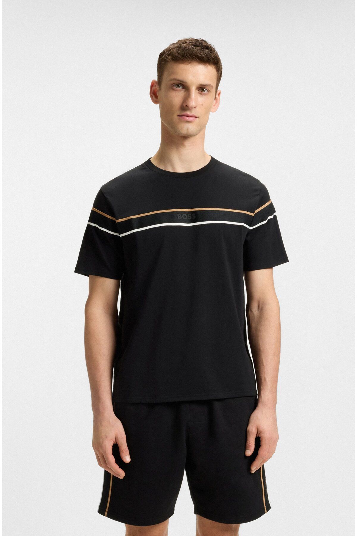 BOSS Erkek Normal Kalıp Yuvarlak Yakalı Göğsü Şerit Logolu Kısa Kollu Siyah T-Shirt 50545852-001