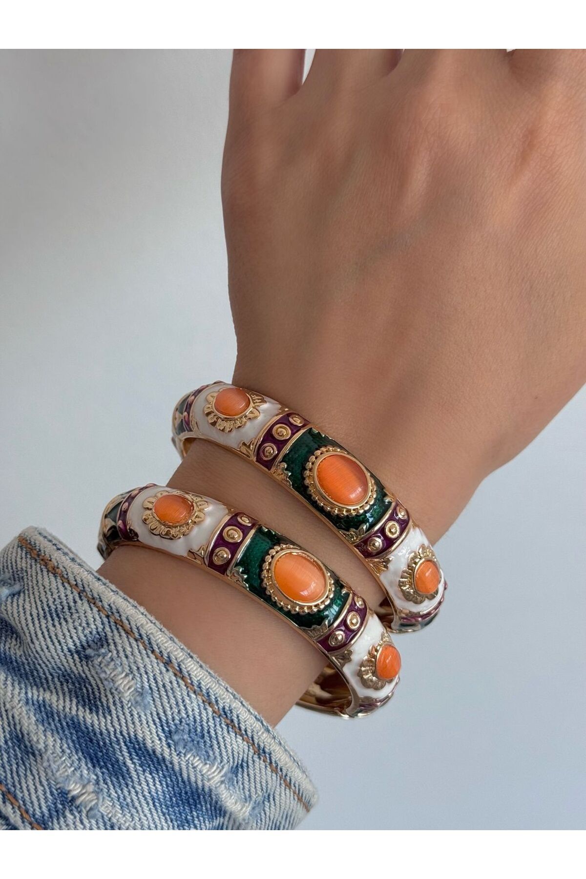 h&b design jewel Çelik Yeşil Mineli Kelepçe Bileklik