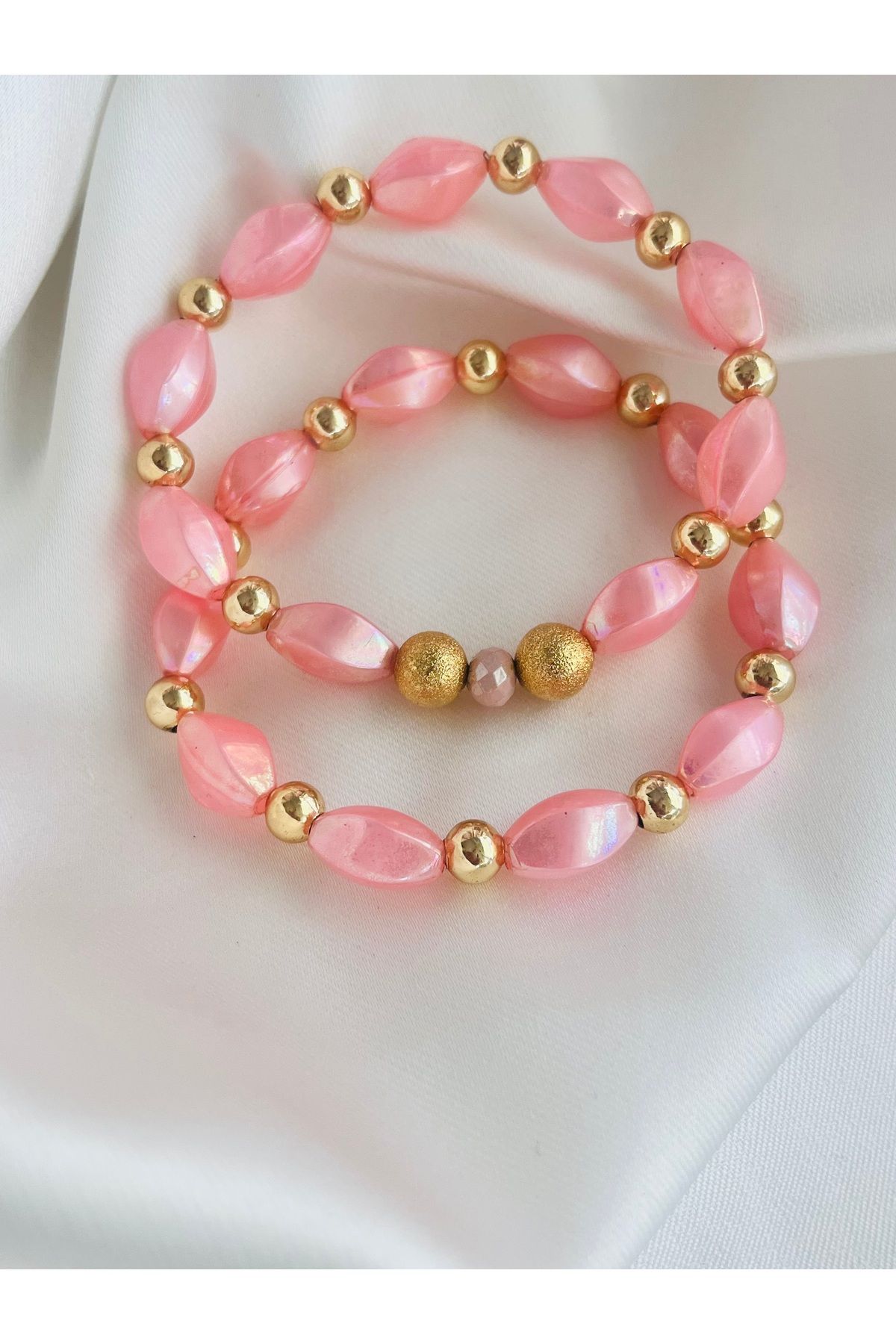 COCOSH TAKI Pembe boncuklu gold detaylı çoklu kombin bileklik