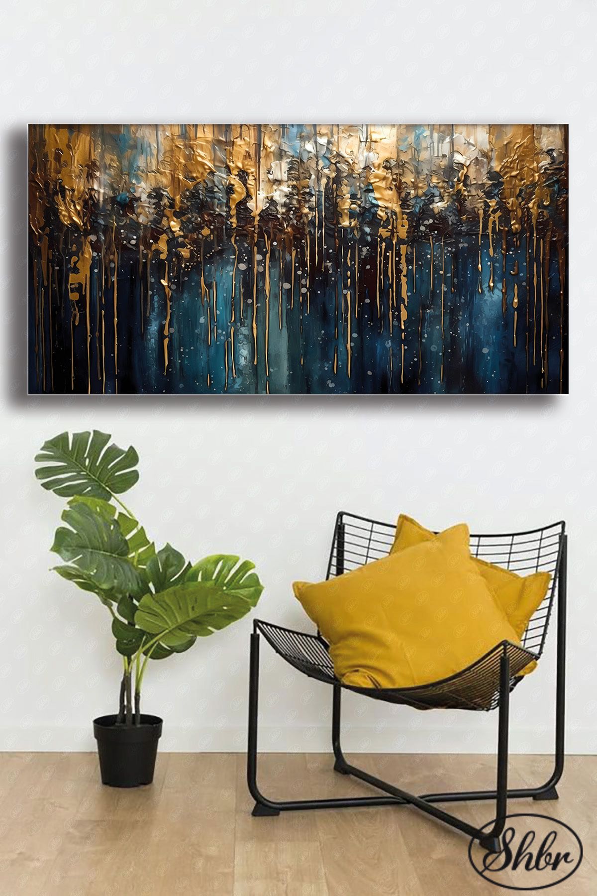 Şehber Tekli Yatay Kanvas Duvar Tablosu Salon Yatak Odası Kafe Ofis Gold Efekt Soyut Modern Sanat