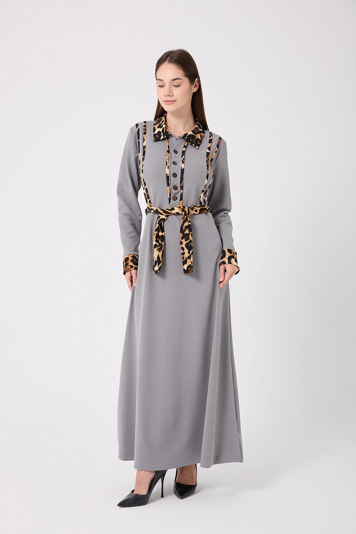 sernoy lomera SL4645-Leopar Garnili Kuşaklı Elbise
