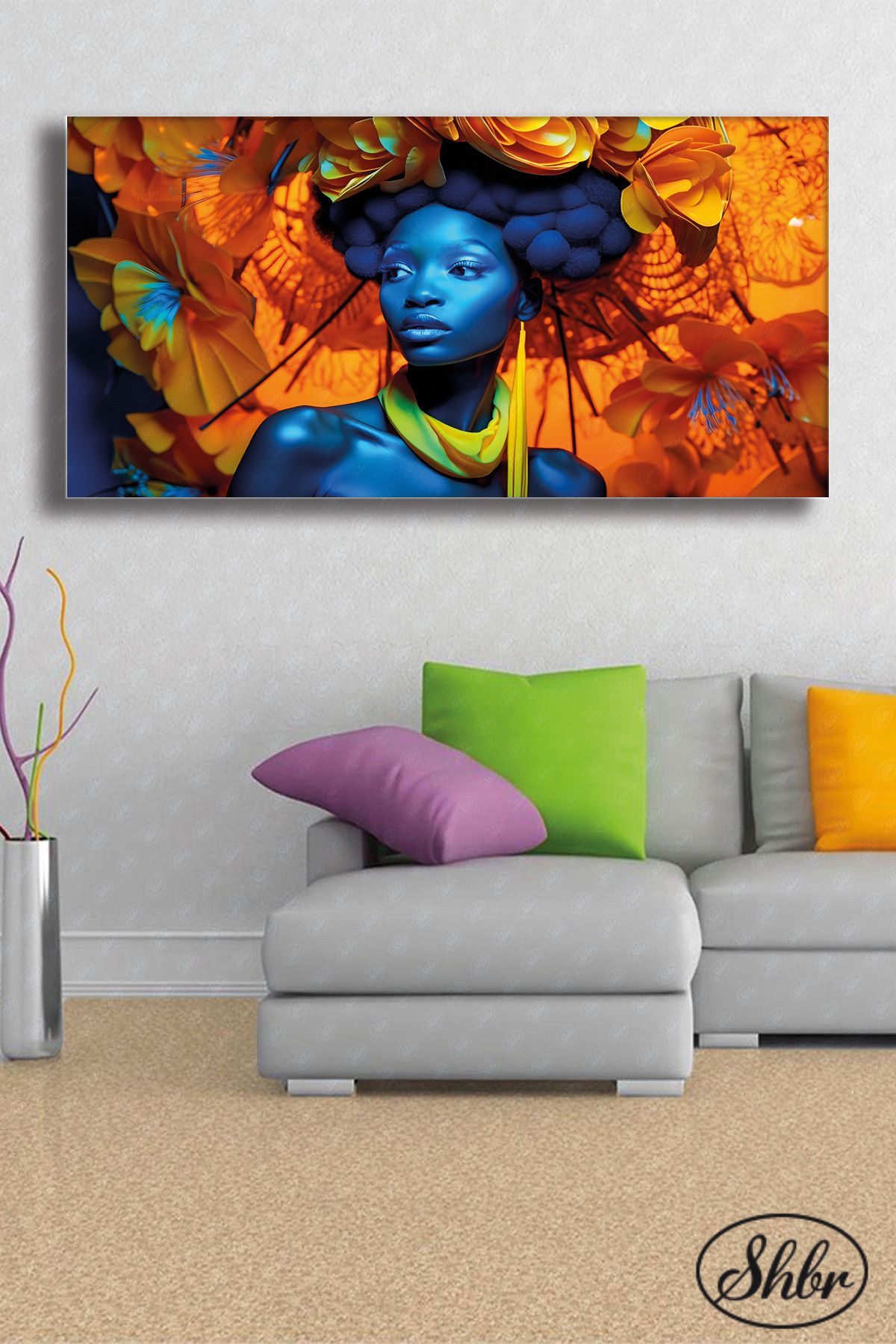 Şehber Tekli Yatay Kanvas Duvar Tablosu Salon Yatak Odası Kafe Ofis Mavi Saçlı Afro Amerikalı Kadın