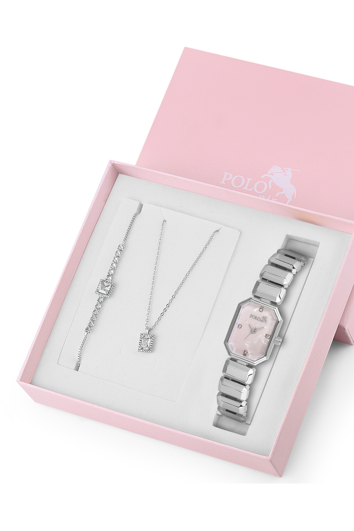 Polo Air Zarif Dikdörtgen Kasa Kol Saati Zirkon Taşlı Kare Kolye Bileklik Set Gümüş Pembe Renk ST-2168S4