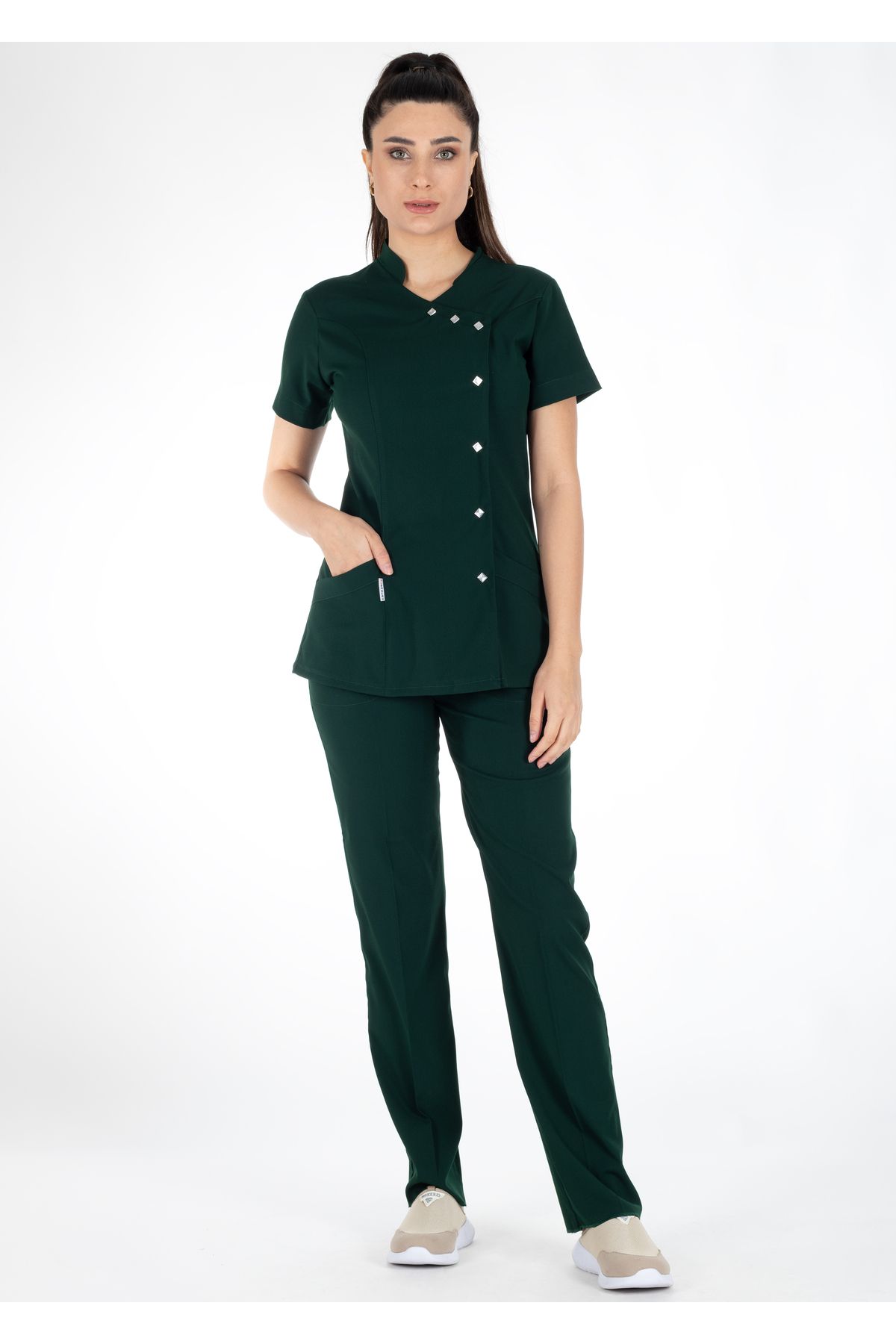 Alsancak Üniforma-Luxe Flex Lycra verde închis Țesătură flexibilă subțire Set de uniforme pentru medic și asistentă 2