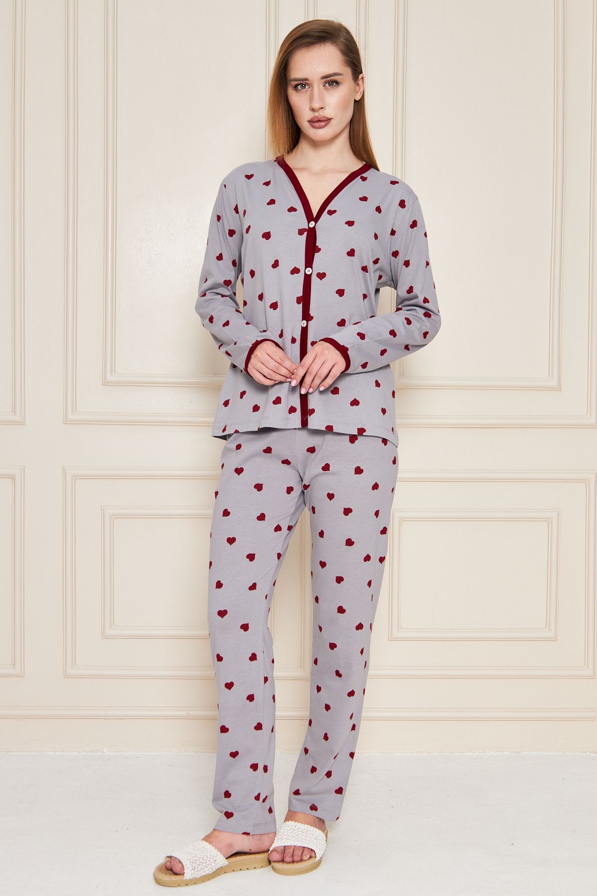 JADİYA Kırmızı Kalpli Gri Pijama Takımı