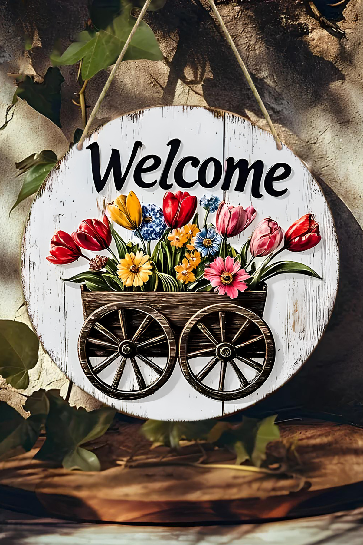 Papatya Desenli MDF "Welcome" Kapı Panosu – 20 cm 🌿 Ahşap Görünümlü Dekor KS004