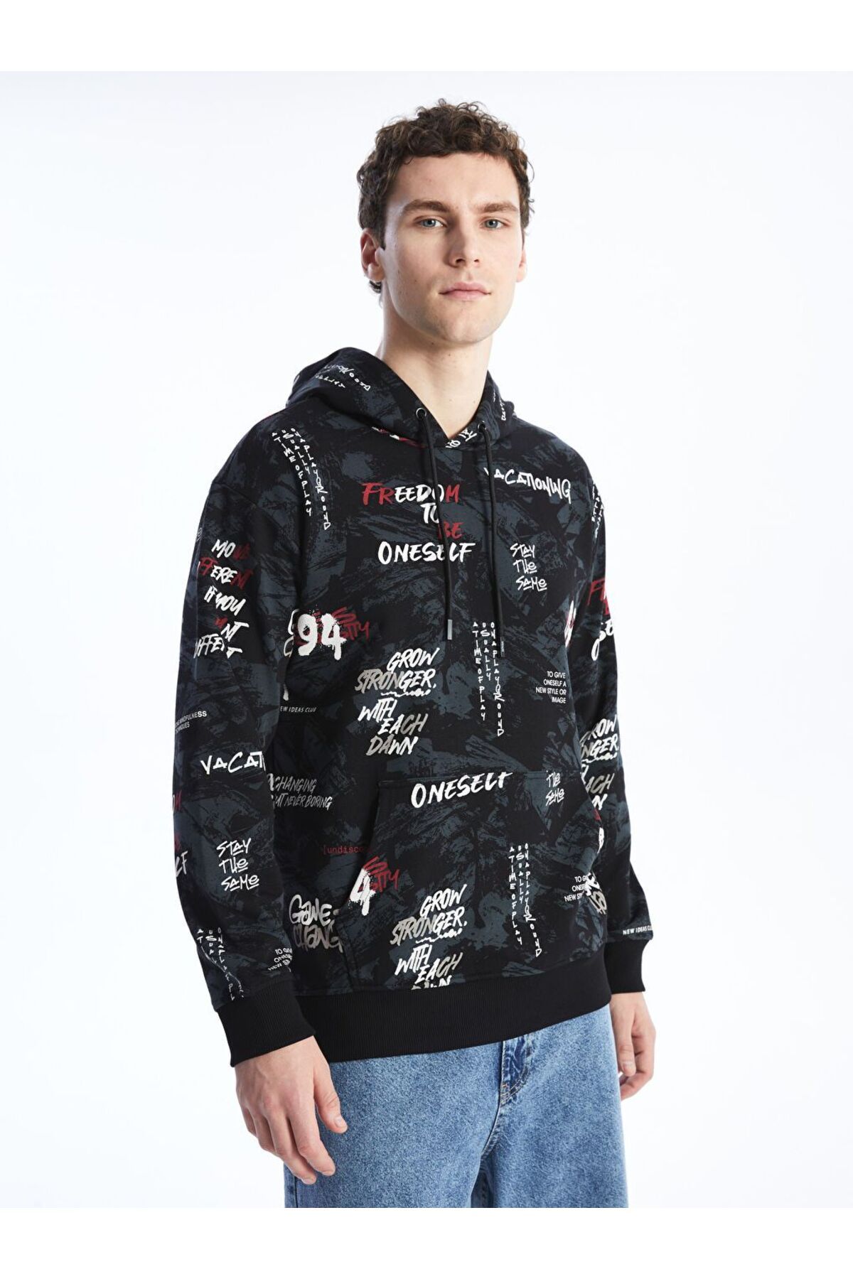 LC Waikiki Siyah Uzun Kollu Baskılı Erkek Kalın Hoodie