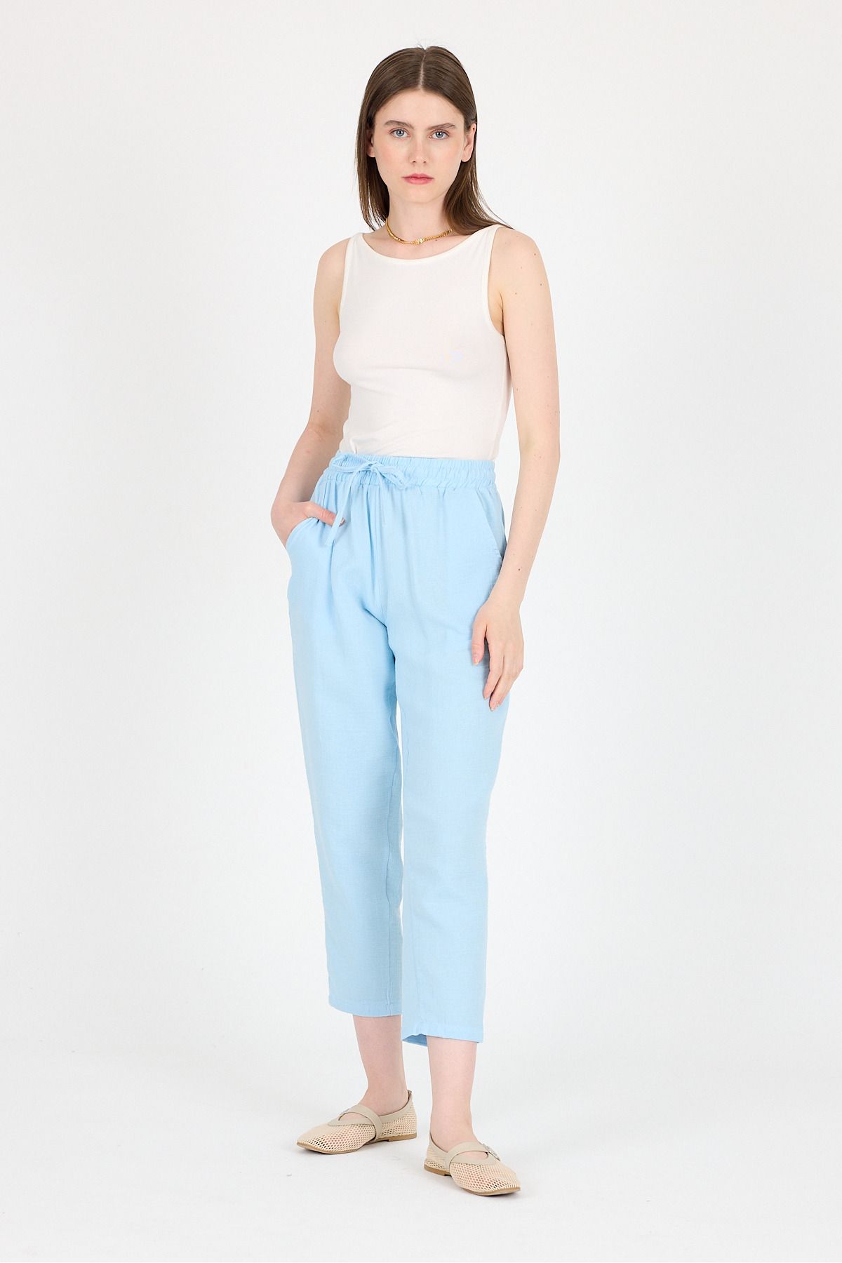 Rays Bebe Mavi Müslin %100 Pamuk Beli Lastikli Pantolon 8055A